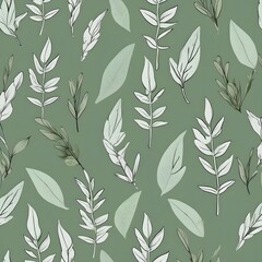 Seamless Pattern Botanical Illustration Hand Drawn Leaves Sage Green Background Natural Flora Design Element Wallpaper Textile Print