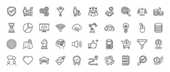 Business, finance, and tech line icon set. Vector pictograms of growth, money, data, automation, innovation, and commerce, thin linear illustration.