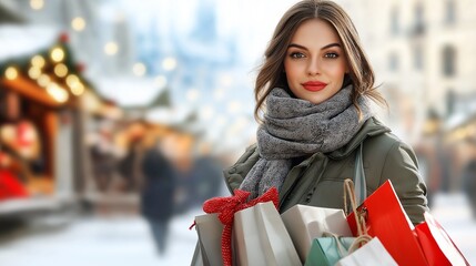 A woman in a winter coat and scarf, holding several shopping bags filled with holiday gifts, walking through a snowy outdoor market with festive lights and decorated stalls