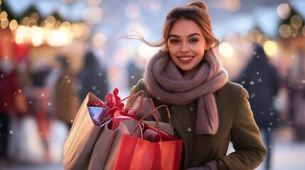 A woman in a winter coat and scarf, holding several shopping bags filled with holiday gifts, walking through a snowy outdoor market with festive lights and decorated stalls