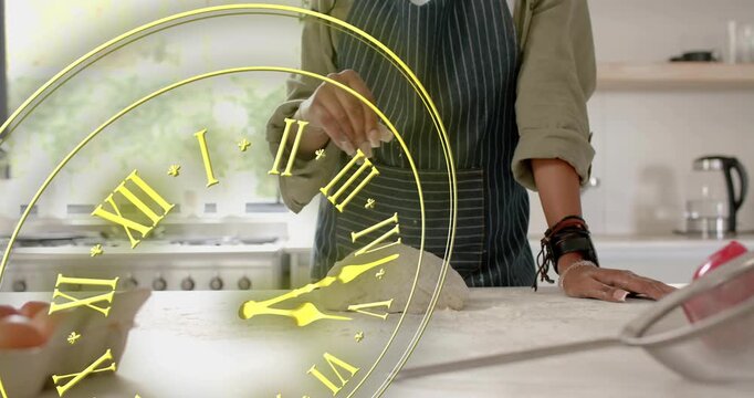 Home baker at counter sprinkling flour and shaping dough, rotating Roman clock overlay showing time