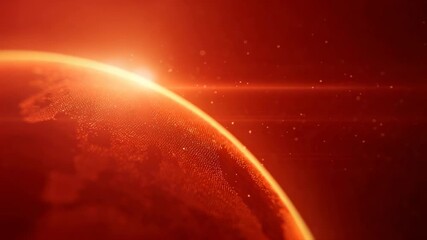 Red planet spinning in space with a bright sunrise and atmospheric lens flare, depicting a digital and futuristic world with glowing particles in a cosmic, abstract and scientific environment - Powered by Adobe