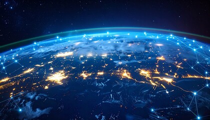 Aerial view of Earth illuminated at night with digital connections