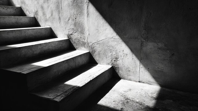 Black and White Staircase with Strong Light and Shadow Creating Dramatic Contrast on Textured Wall and Steps