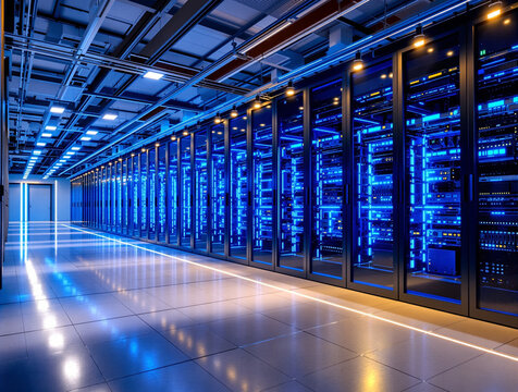 Futuristic data center with vibrant blue lighting and modern design