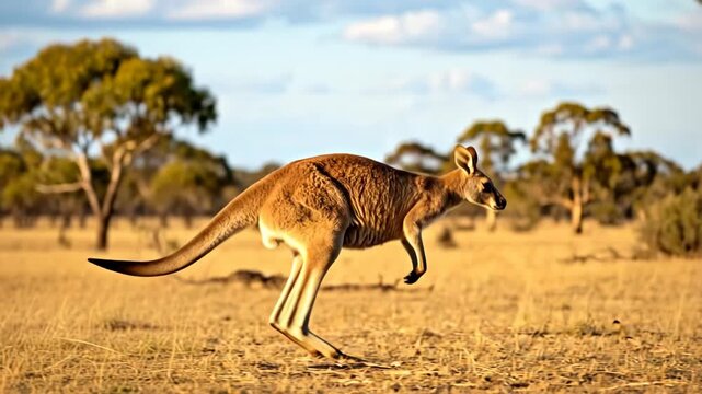Kangaroo hopping through australian outback against scenic desert backdrop