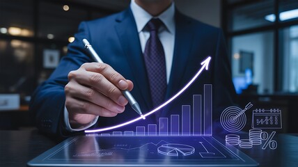 Business growth and financial success concept with rising line graph and digital icons showing data analysis and global economic strategy