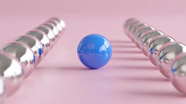 A single, vibrant blue sphere rests centrally between two parallel rows of reflective silver spheres on a soft pink surface. The image emphasizes contrast and uniqueness - Powered by Adobe