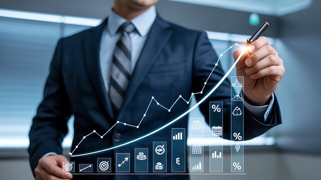 Business growth and financial success concept with rising line graph and digital icons showing data analysis and global economic strategy - Powered by Adobe