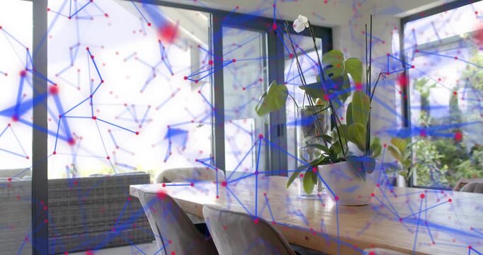 Network overlay appearing on start, flowing across wooden table with orchid, showing network flow