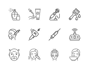 Beauty line icon set. Vector pictograms of perfume, sunscreen, microdermabrasion, brush, facial injection, IPL, facial massage, eye mask, and steaming, thin linear illustration.