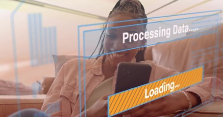 Woman tapping phone on couch, causing animated processing data overlays with loading bar filling - Powered by Adobe