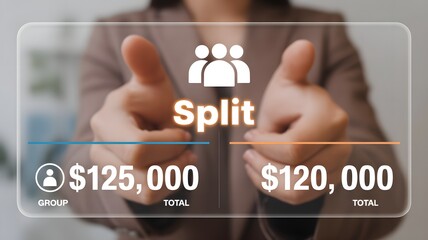 Digital Expense Splitting Interface with Group Totals and "Split" Functionality on a Receipt Background, Financial Management.