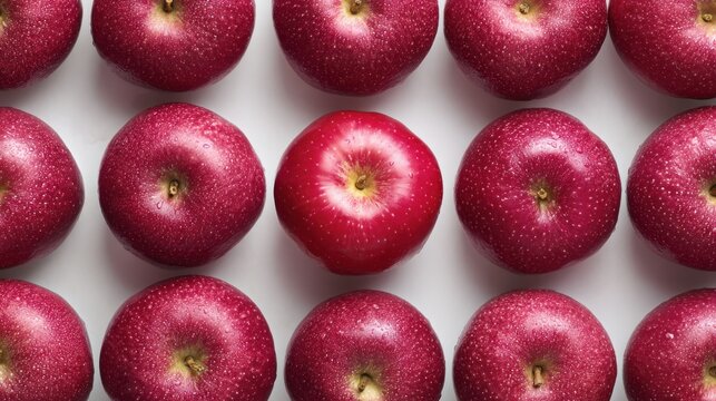 Rows of red apples, one lighter, creating a pattern on a white surface - Powered by Adobe