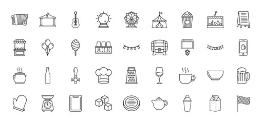Festival and event line icon set. Vector pictograms of accordion, stage, ferris wheel, popcorn, market stall, beer barrel, chef hat, and wine glass, thin linear illustration.