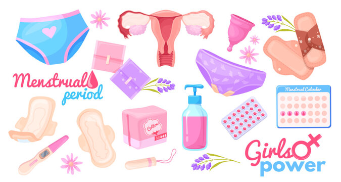 Feminine hygiene products. Female menstruation cycle icons, tampon sanitary pad menstrual cup uterus gynecology panties blood pms period calendar, cartoon neat vector illustration