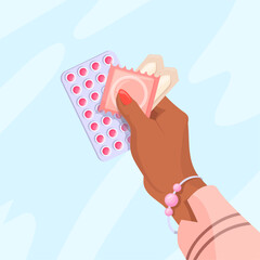 Hand hold contraceptives. Woman hands holding condom birth control pills, safe sex world contraception day precaution pregnancy prevention hiv protect, neat vector illustration