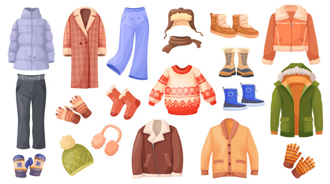 Cartoon winter clothes. Fashion warm outfit, cold autumn season wardrobe coats modern casual jacket sweater scarf hat cap shoes outdoor wear garment set, neat vector illustration