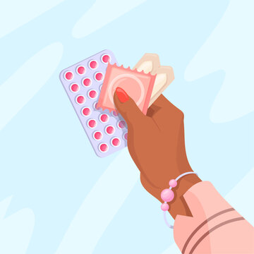 Hand hold contraceptives. Woman hands holding condom birth control pills, safe sex world contraception day precaution pregnancy prevention hiv protect, neat vector illustration