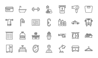 Hospitality and travel line icon set. Vector pictograms of key card, bathtub, shower, hairdryer, ATM, taxi, cruise ship, and bed, thin linear illustration.