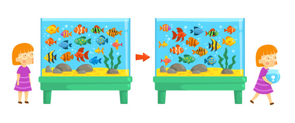 Aquarium game. Tropical underwater fish find difference puzzle gaming, cartoon children education girl with fishbowl childish logic games summer school, kicky vector illustration