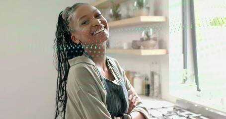 Camera shift revealing woman chef smiling and tilting while green dots passing, cooking in kitchen - Powered by Adobe