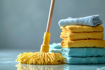 Colorful cleaning supplies are organized neatly on a surface. A mop stands beside neatly stacked towels in yellow and blue shades, set in a clean and tidy environment