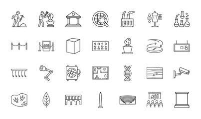 Museum and science icon set. Vector pictograms of archaeology, sculpture, exhibition, research, biology, architecture, and historical elements, thin linear illustration.