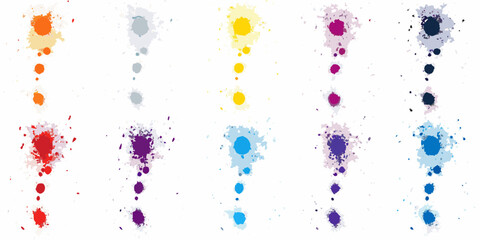 Collection of ten colorful paint splatters and ink drops arranged in two rows on a white background