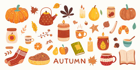 Cozy autumn collection of seasonal elements including pumpkins candles and warm drinks