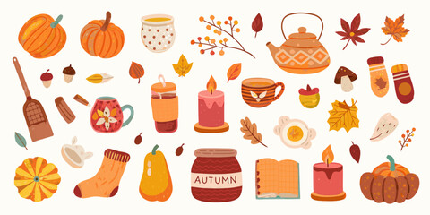 Cozy autumn collection of seasonal elements including pumpkins candles mugs and leaves