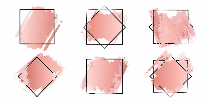 Collection of six rose gold brush stroke frames with geometric shapes for design elements