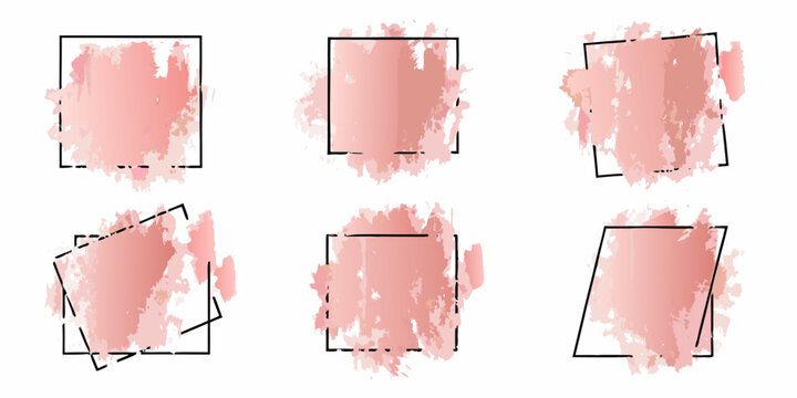 Collection of six abstract pink watercolor brush stroke frames with geometric borders