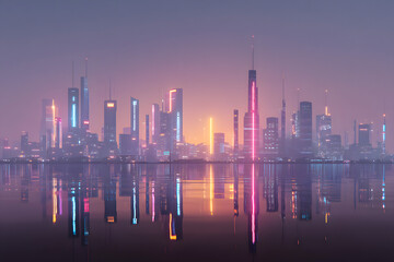 Fototapeta premium Cyberpunk City Skyline Reflected in Water at Neon Night