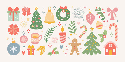 Collection of festive christmas icons and decorations in a whimsical flat design style
