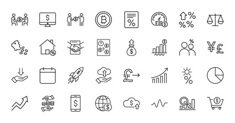 Finance and business line icon set. Vector pictograms of cryptocurrency, money exchange, market growth, banking, and investment analytics, thin linear illustration.