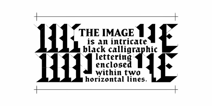 Intricate black calligraphic lettering design enclosed within horizontal lines on a white background