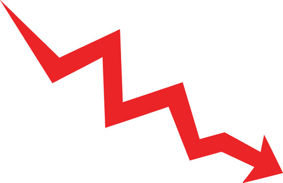 Red jagged arrow pointing down on white background decline decrease