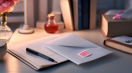 A white envelope with a wax seal, delicately placed on a marble countertop, with a faint reflection of the envelope on the glossy surface and a bouquet of fresh flowers