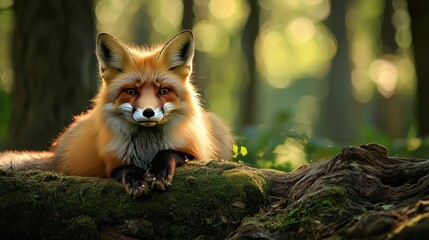 Red fox in forest sunlight