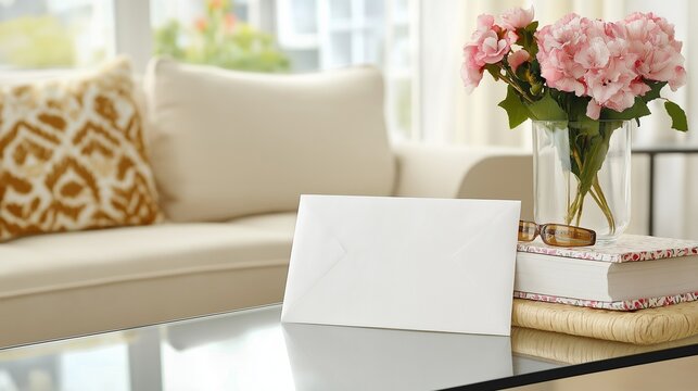 A white envelope placed on a clean, modern glass table, with a soft focus background of a contemporary living room filled with minimalistic furniture