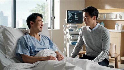 Kind asian man visiting his best friend in a modern hospital ward, offering comfort and support during recovery. The ill patient is smiling and feeling better after a medical check up