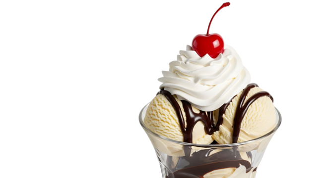 Indulge in a decadent vanilla ice cream sundae crowned with fluffy whipped cream, rich chocolate sauce, and a bright maraschino cherry, offering pure sweet satisfaction.