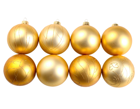 Eight golden Christmas ornaments arranged in two rows, each reflecting soft light