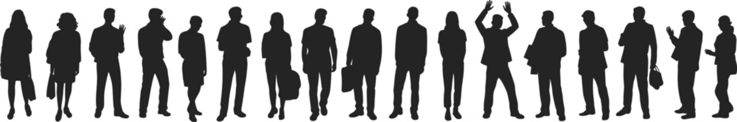silhouette, people, standing, group, pose, diversity, gesture, black, outline, crowd, casual, business, posture, figure, motion, attire, demographic, unity, social, expression
