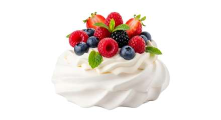 Indulgent berry pavlova crowned with fresh strawberries, raspberries, blueberries, blackberries, and mint, a delightful dessert for celebrations or a sweet treat.