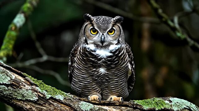Majestic owl intensity: focused gaze to powerful flight in lush woodland