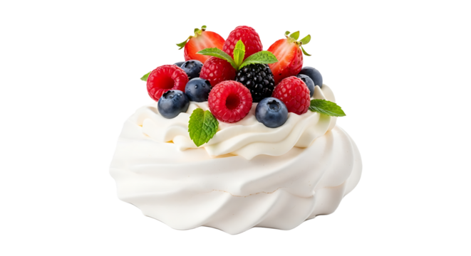 Indulgent berry pavlova crowned with fresh strawberries, raspberries, blueberries, blackberries, and mint, a delightful dessert for celebrations or a sweet treat. - Powered by Adobe