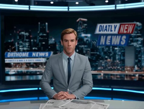News Anchor in Studio: A composed news anchor, delivers the latest headlines. The studio ambiance exudes professionalism. The background screen displays a cityscape.
