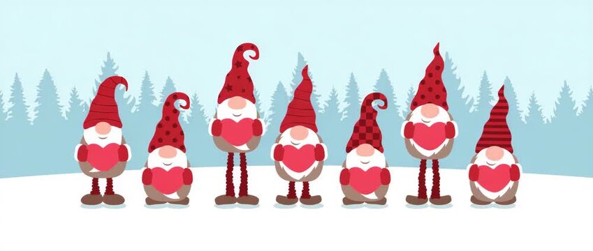 cute dwarfs holding hearts in snowy landscape beautiful christmas greetings illustrated animation